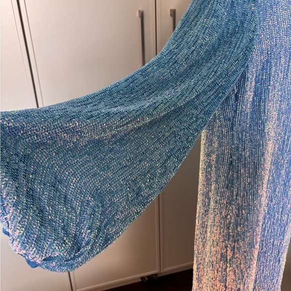 Blue Iridescent Sequin Retrofete One-Shoulder Dress - Picture 4 of 13